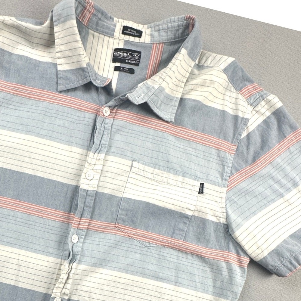 ONeill Rhett Mens XL Short Sleeve Button Up Striped Surf Shirt Light Blue Cotton